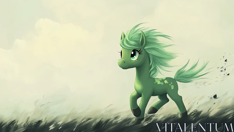 Green cartoon pony runs through abstract grassy field