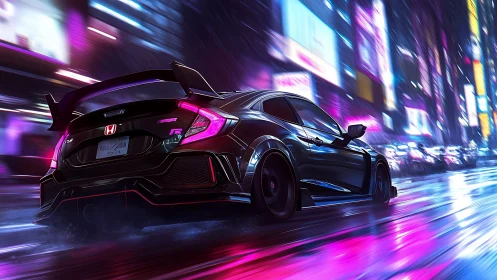 Neo-noir racing hatchback under neon-soaked city rain.