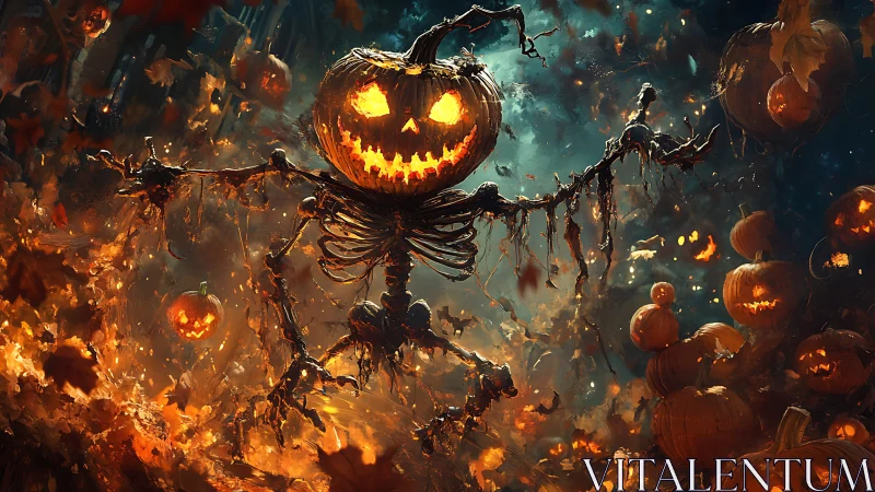 Fiery pumpkin skeleton strides through swirling autumn inferno