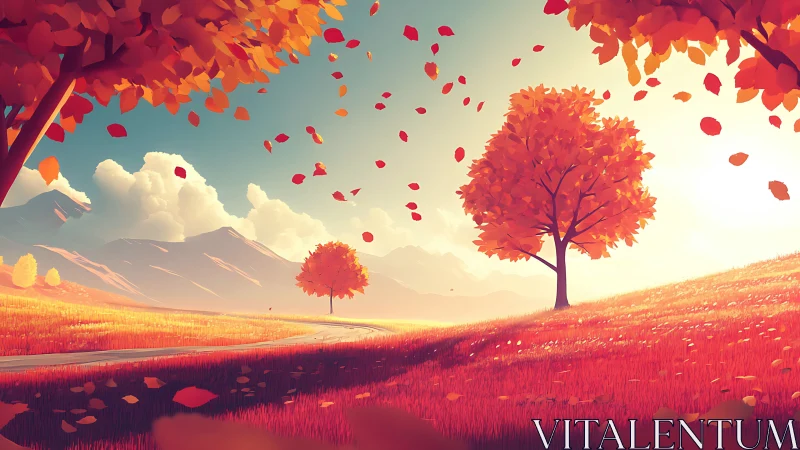 Autumn hillside landscape renders luminous foliage in stylized light