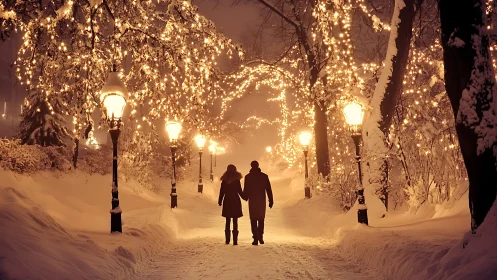 Winter lights cradle two silhouettes in a quiet, glowing stroll