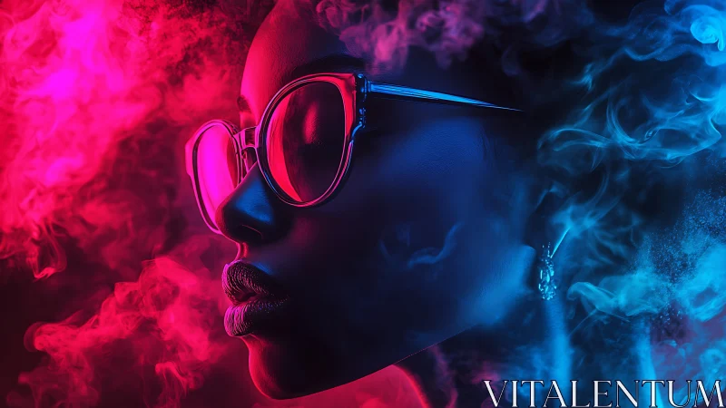 Neon lit profile portrait in magenta cyan vapor clouds.