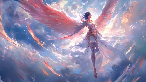 Radiant winged guardian rises softly through glowing skies