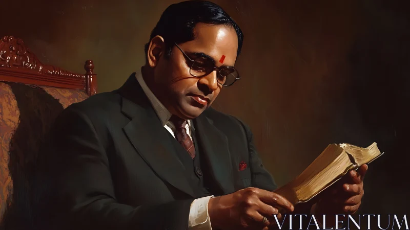 Man in formal suit reading thick book indoors. Period.