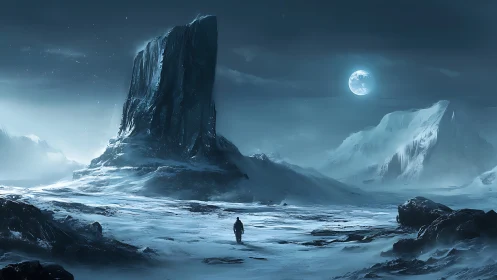 Digital painting of lone explorer in glacial moonlit expanse.