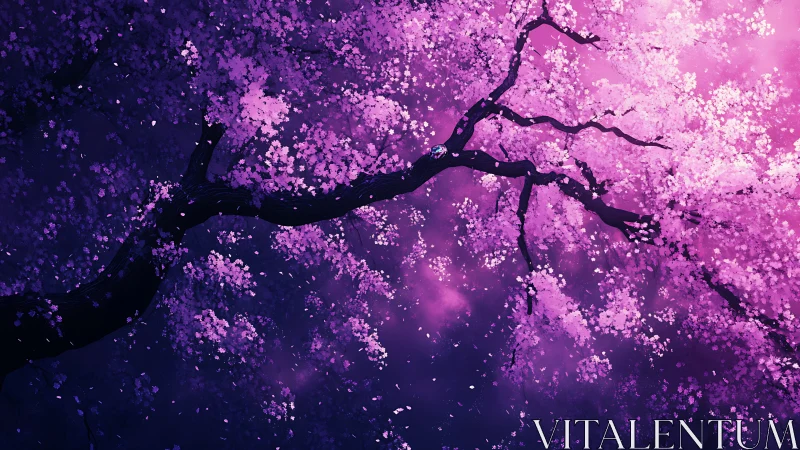 Digital cherry tree branch extends across violet-pink sky