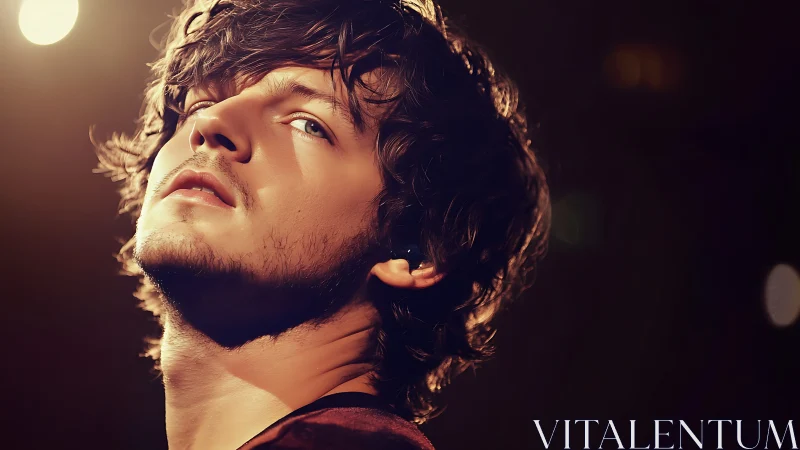 Soft spotlight catches a pensive young man&rsquo;s gentle gaze