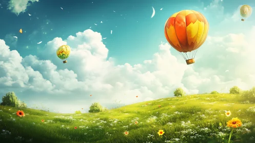 Vibrant hot air balloons drift above a sunlit spring meadow