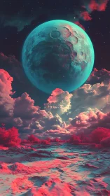 Neon moonrise above candy-red alien tundra dreamscape.