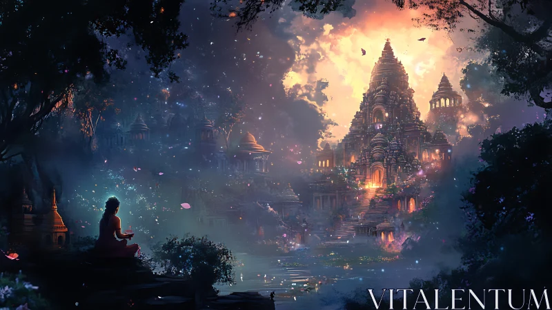 Meditating figure facing illuminated temple complex at dusk.