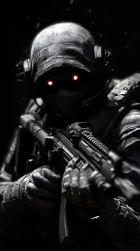 Armored cyber-operator advances through shadow and gunfire