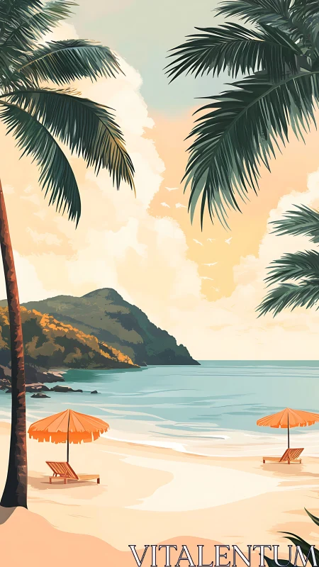 Tropical Paradise Beach with Palm Fronds and Ocean Views