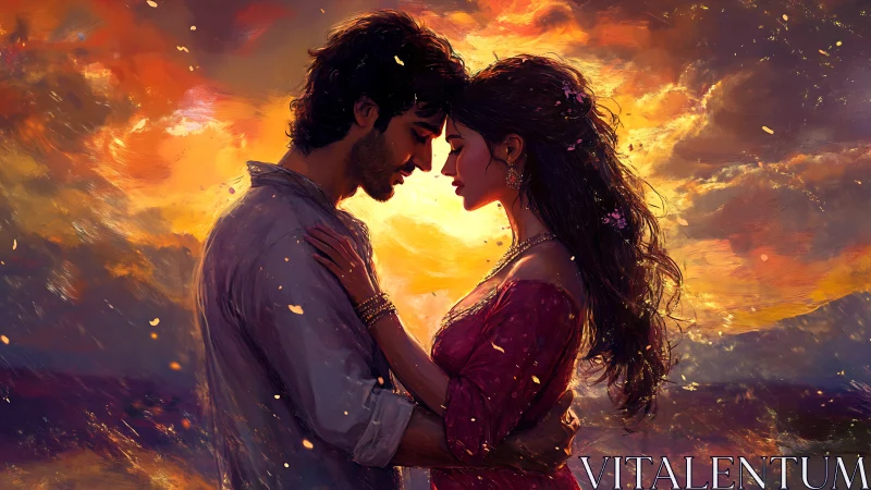 Embrace Against Inferno: Romantic Digital Portrait in Flames.