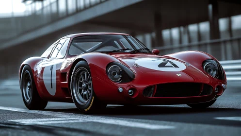 Vintage red race car glowing with timeless trackside charm.