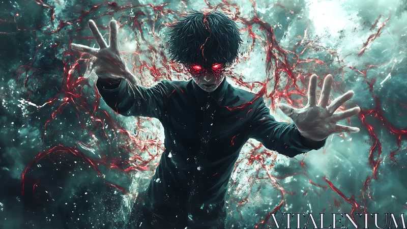 Central figure extends hands amid red energy tendrils