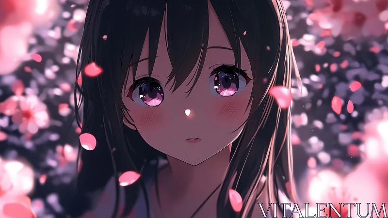 Soft-lit anime portrait contrasts bokeh blossoms with reflective eyes