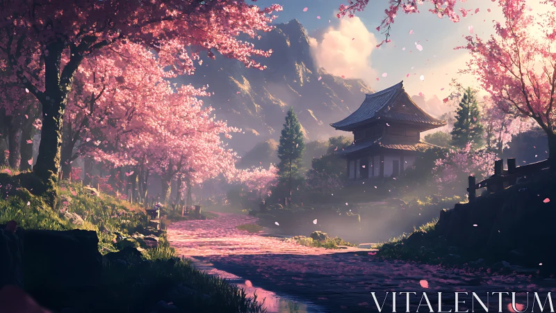 Cherry blossoms whisper toward a hidden mountain temple