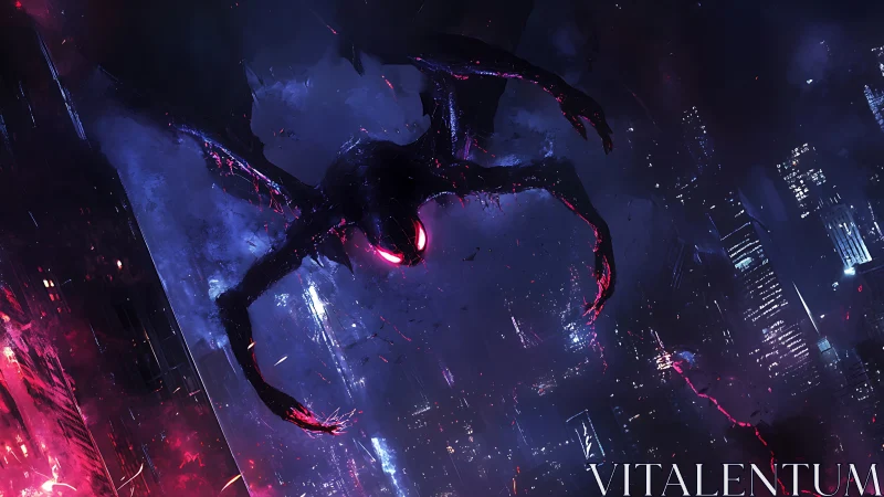 Nightfall visitor over neon city skies, gently unsettling.