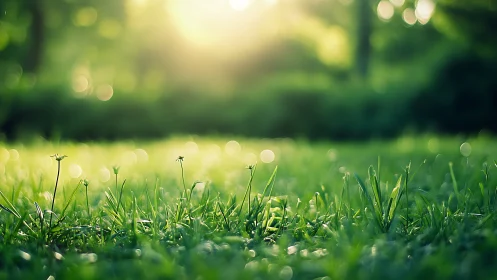 Close-up of Dewy Grass in Morning Sunlight, Soft Focus Nature.