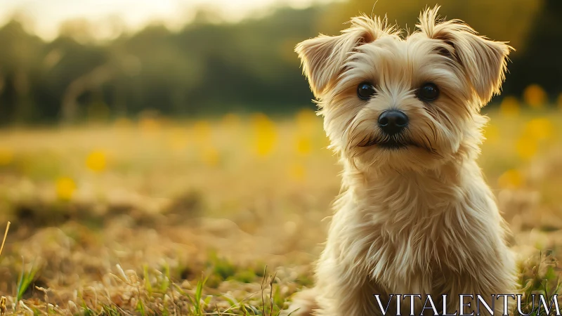 Small fluffy dog sits in golden sunlit meadow field.