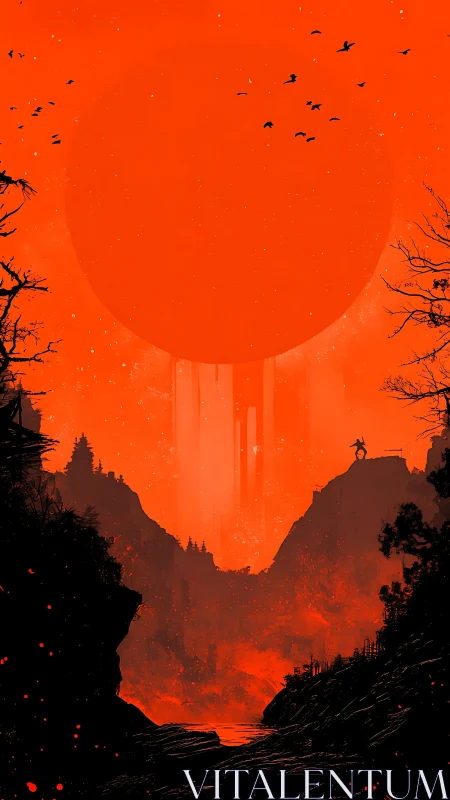 Crimson giant sun over lone rider in burning canyon