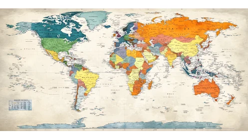 Vintage styled political world map highlights colorful nations