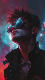 Neon-drenched rebel savors the glow of a stormy skyline