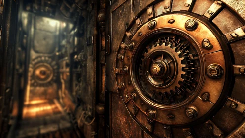 Steampunk vault door close-up with cinematic depth of field.
