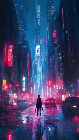 Cyberpunk neon corridor with silhouetted figure in wet streetscape.