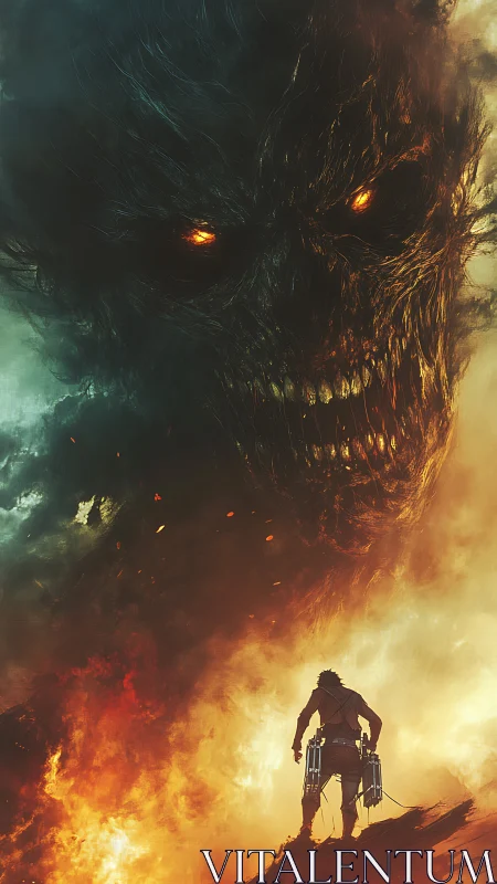 Human figure observes colossal fiery entity amid dense smoke