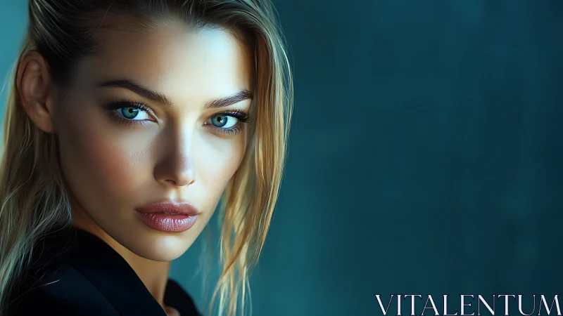 Close-up portrait of woman against teal background.
