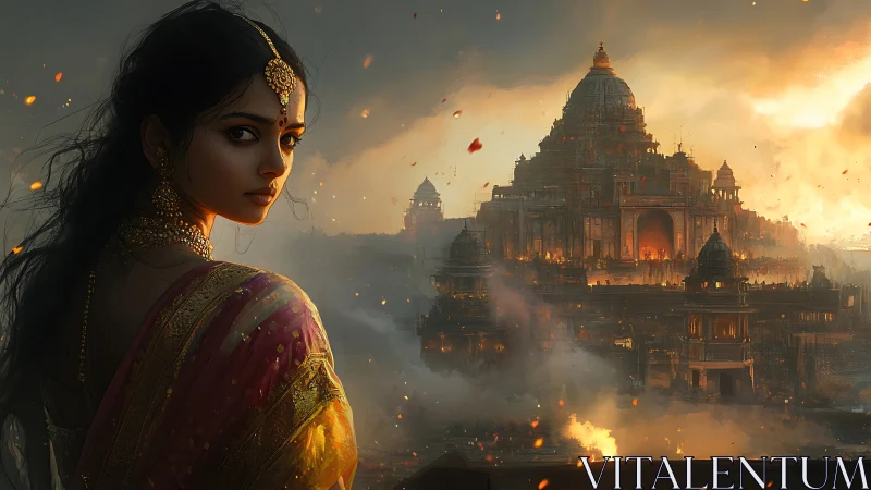 Regal woman before burning temple city at dusk.