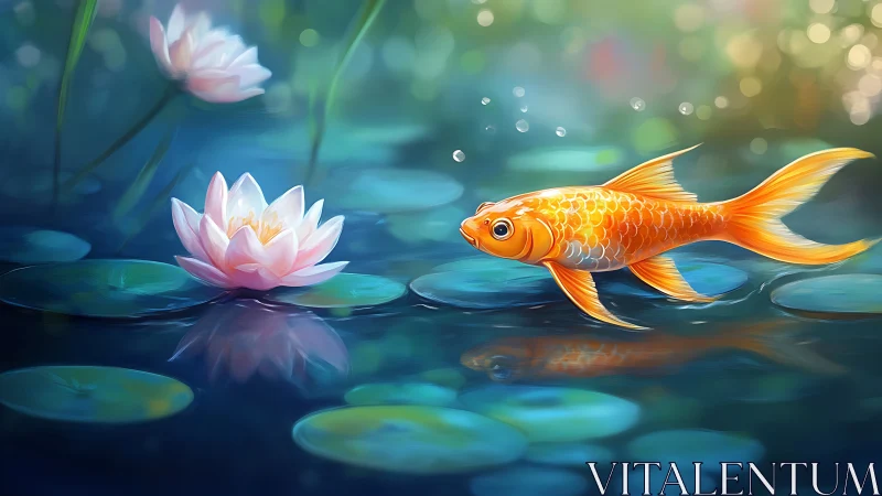 Golden koi drifting toward soft-lit lotus bloom at dusk.