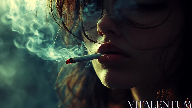 Moody closeup of woman smoking with drifting blue smoke.