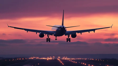 Passenger jet approaches illuminated runway at vivid sunset