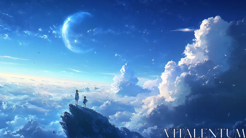 Children stand on cloudside cliff under vast celestial sky