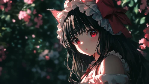 Anime catgirl maid under dappled garden sunlight.