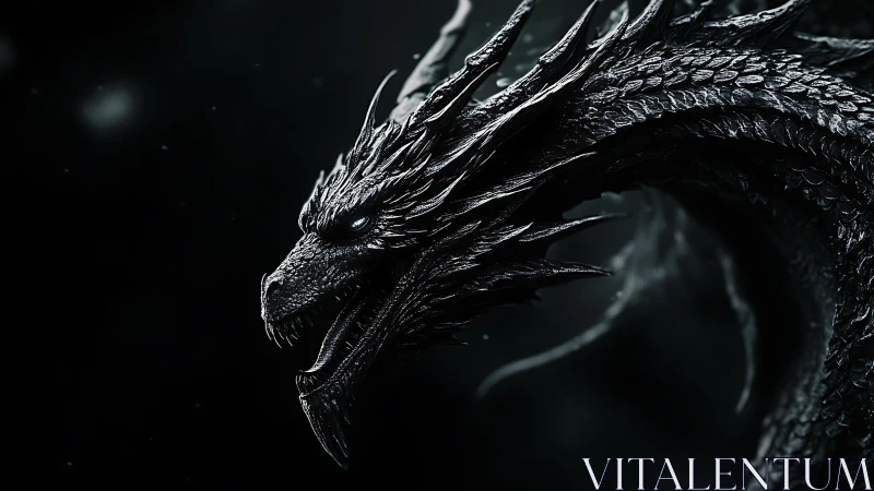 Dark dragon profile with sharp metallic scales in shadow.