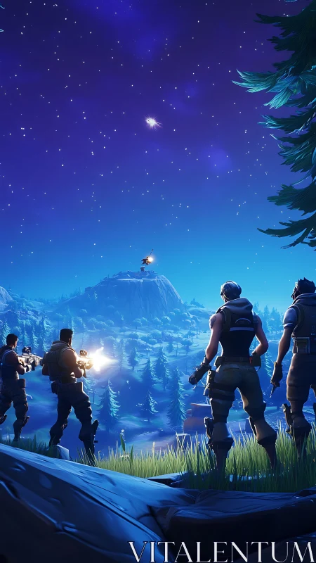 Squad silhouettes survey stylized night battlefield vista