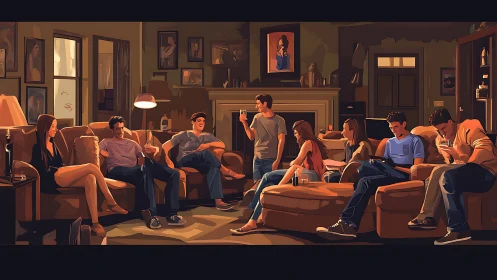 Digitally stylized living room gathering with cinematic lighting.