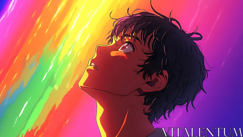 Chromatic light cascade reflecting in upward anime gaze.