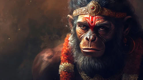 Regal simian guardian crowned in ember-bright divinity.