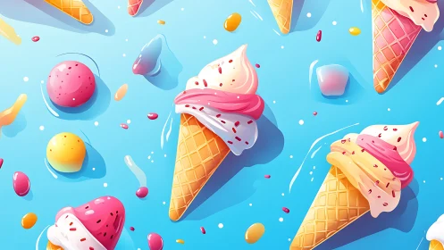 Vibrant ice cream cones scatter across bright blue background.