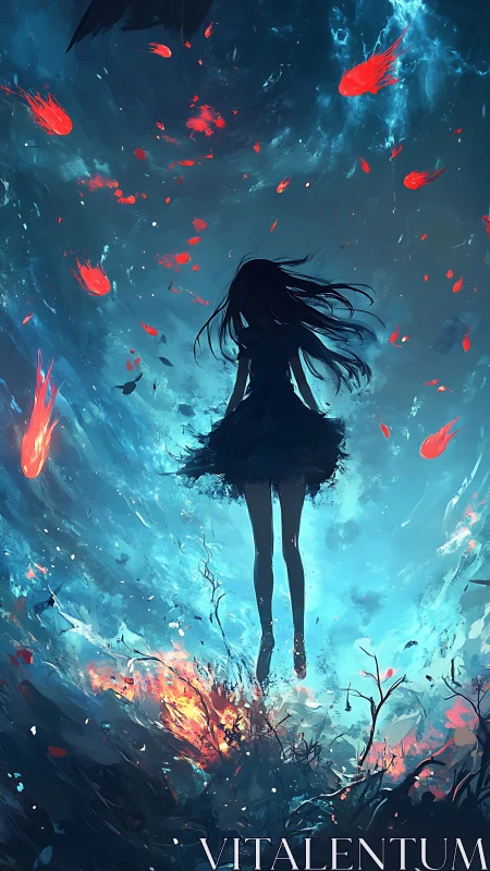 Digital painting of levitating girl amid fiery ethereal vortex.