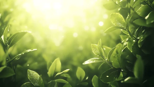Sunlit green leaves in soft focus, natural morning light scene.