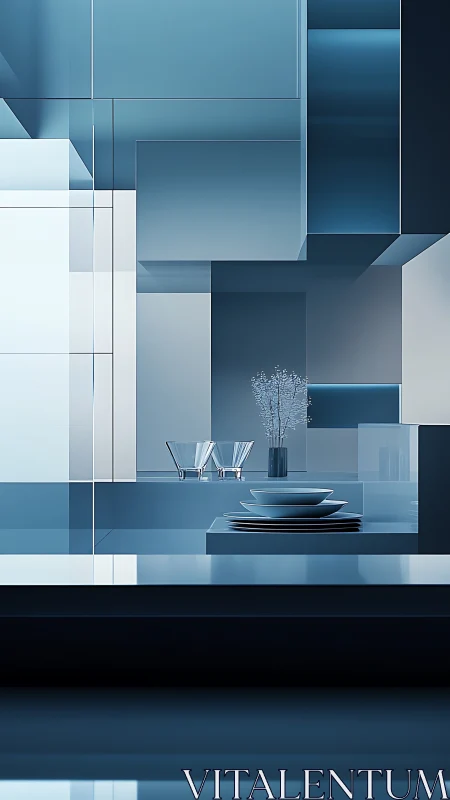 Minimalist blue kitchen still life unites glass, steel, light