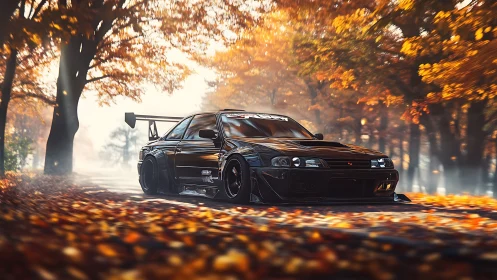 Widebody black tuner car on misty autumn forest road.