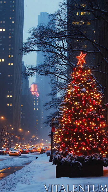 City snow hushes while one glowing Christmas tree answers back