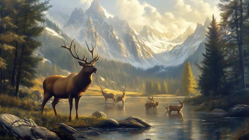 Majestic elk herd beneath sunlit alpine peaks at dawn.