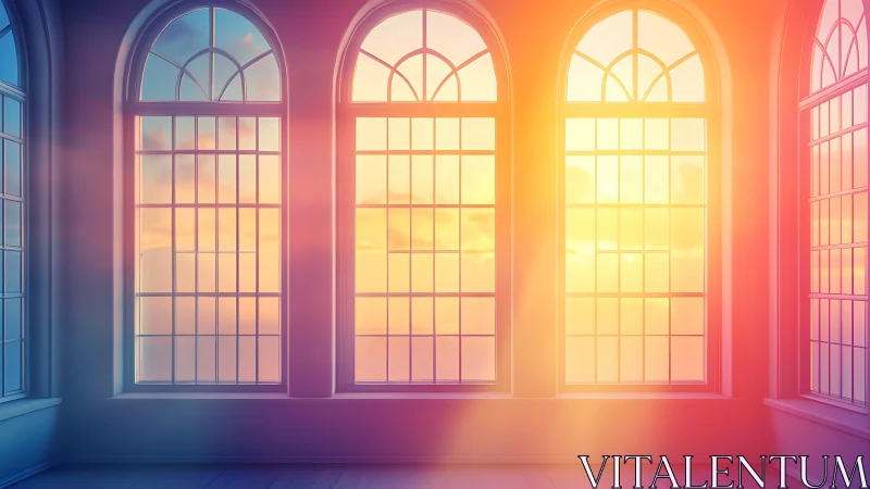 Sunlit arched windows with gradient dawn interior illumination